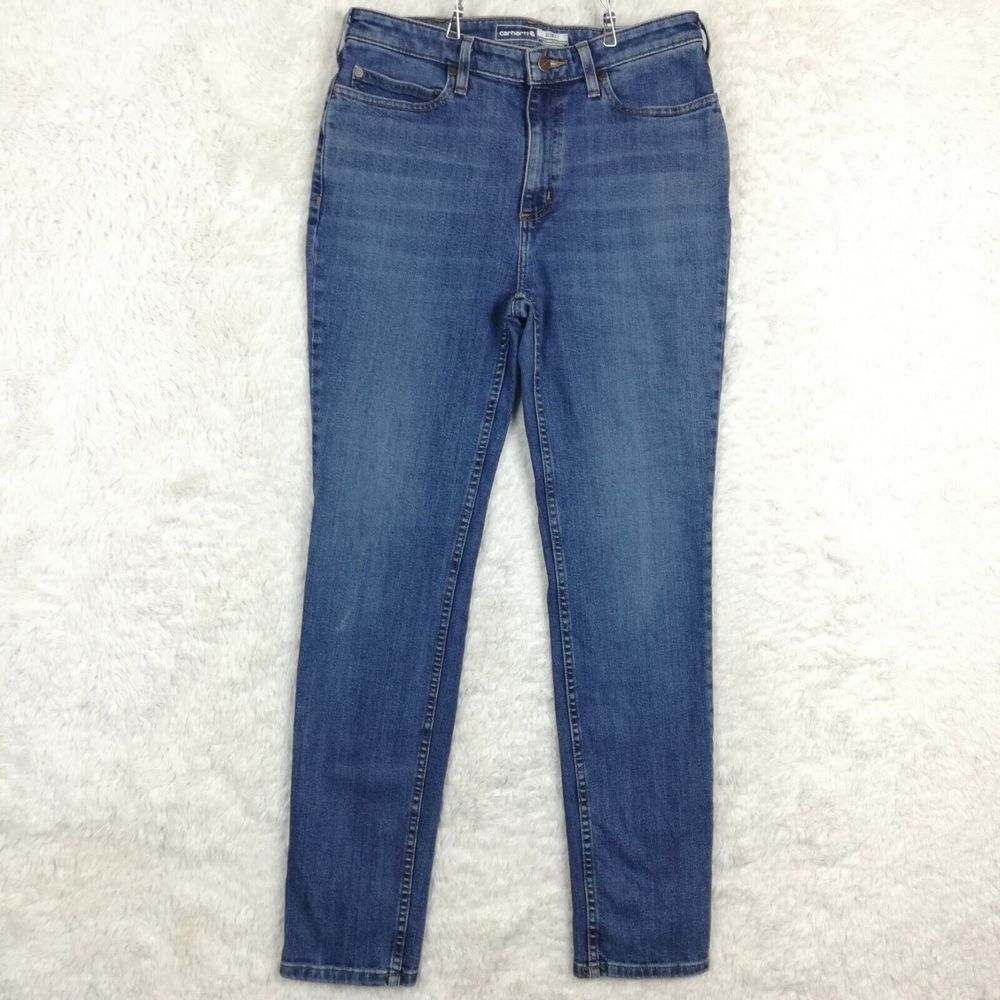 Carhartt‎ Womens Jeans Slim Fit Straight Leg Blue Denim Medium Wash Tall 10T